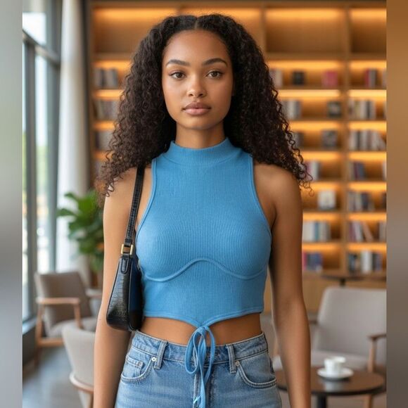 Stylish Blue Ribbed Crop Top - Picture 1 of 11